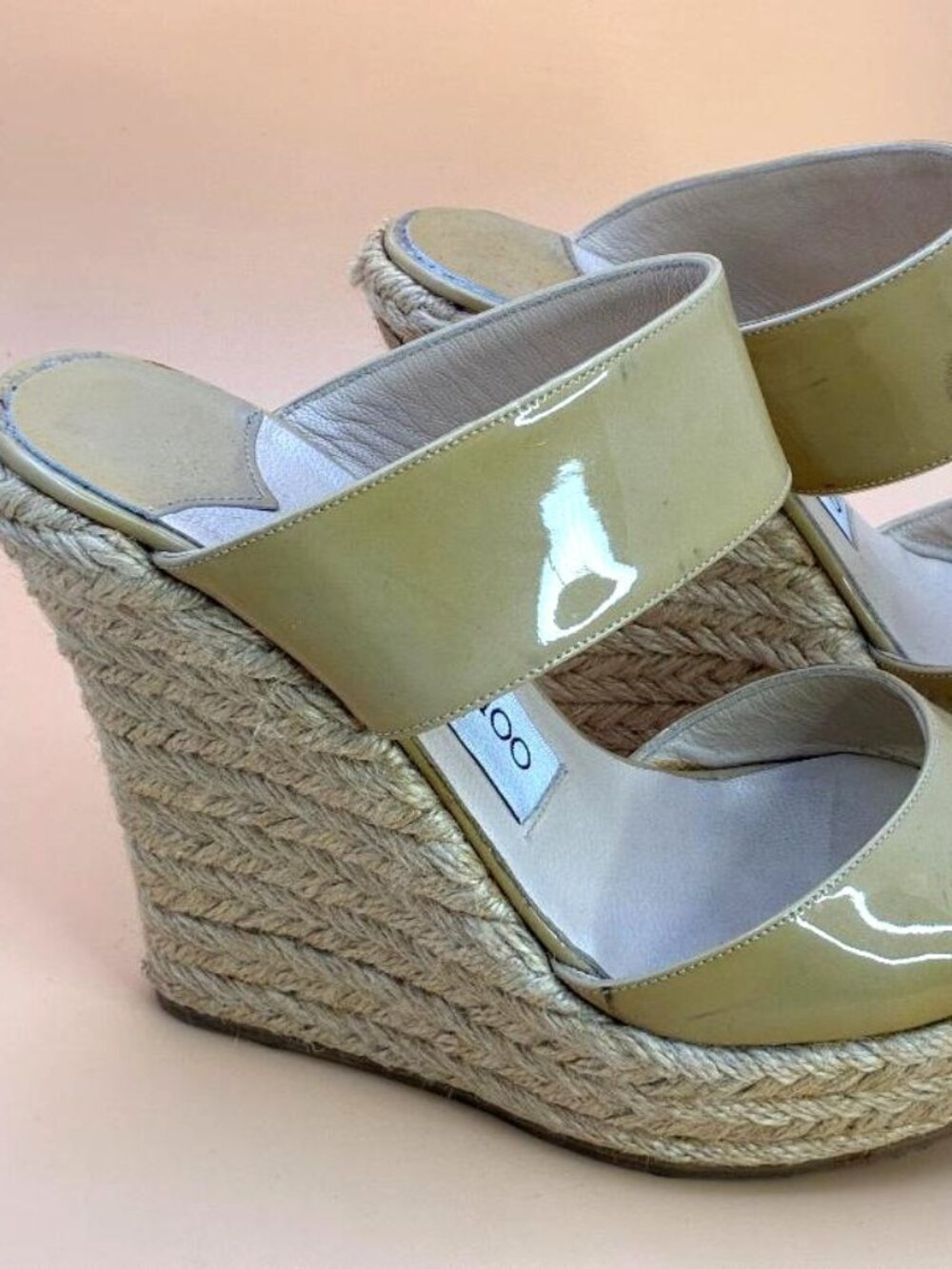 Share Jimmy Choo Patent Leather Wedge Platform Espadrille Nude sz 35 EUC
